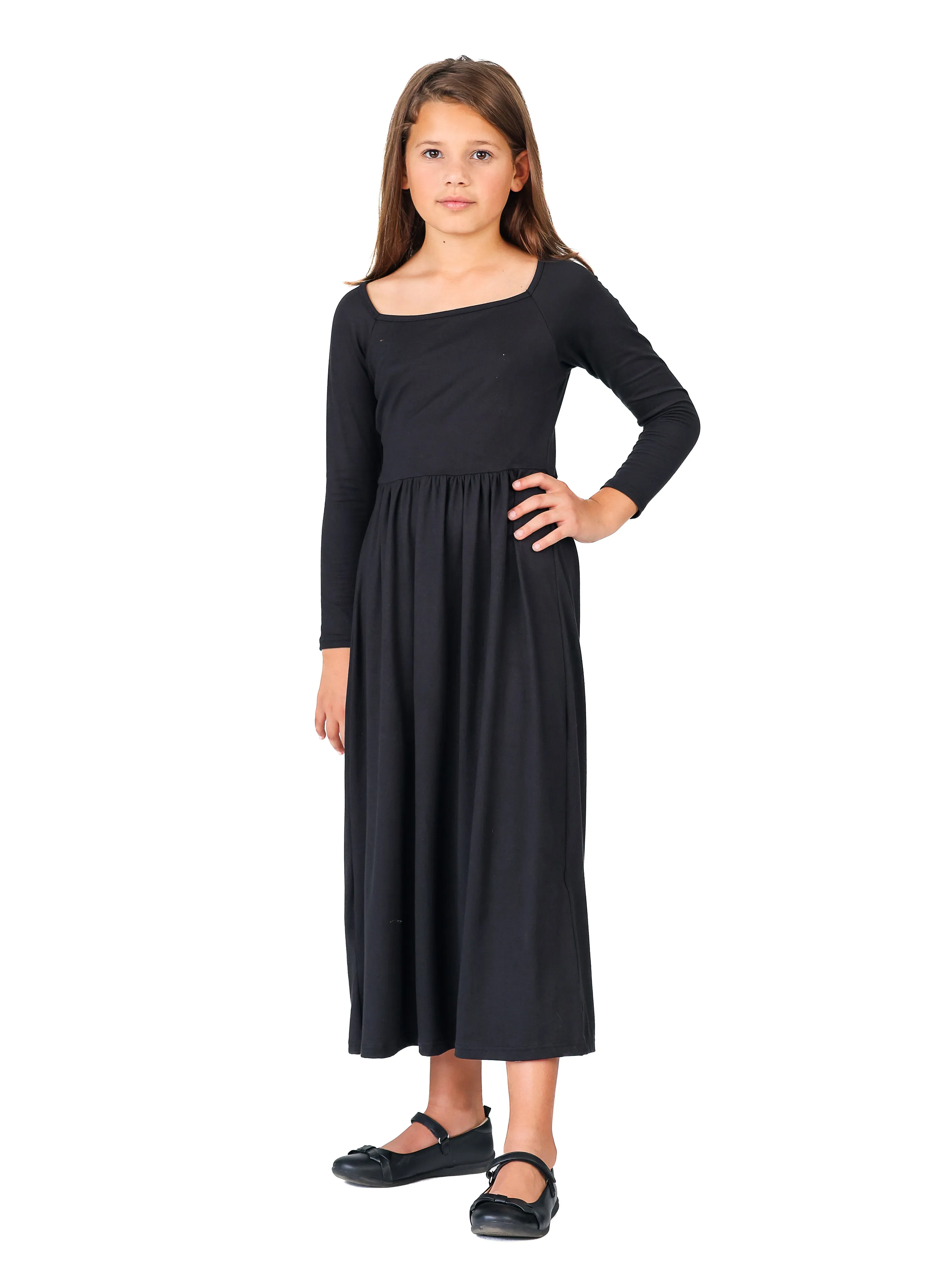 24seven Comfort Apparel Girls Long Sleeve Pleated Maxi Dress Solid Color