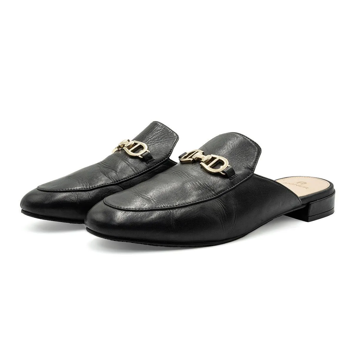 Aigner Fiona Mules Flat Sandals Leather Black Colour For Women