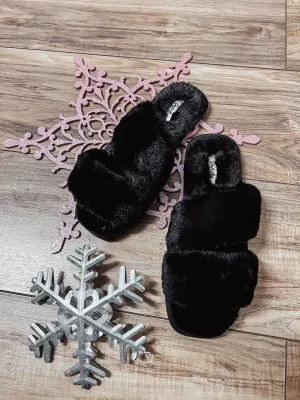 Black fuzzy slippers