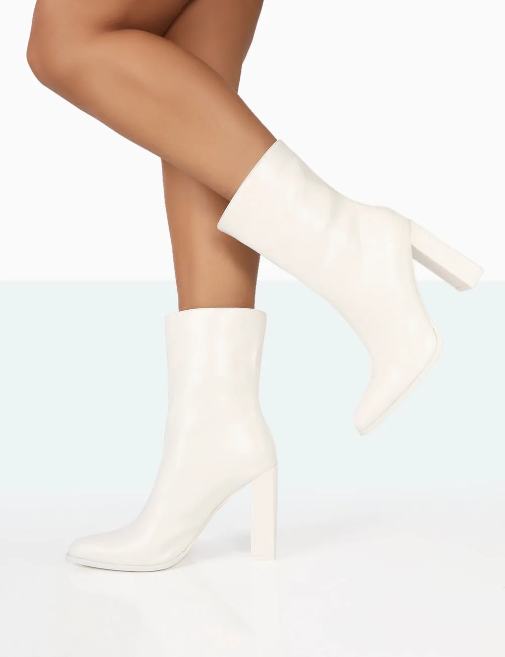 Bridget White PU Pointed Toe Block Heeled Ankle Boots