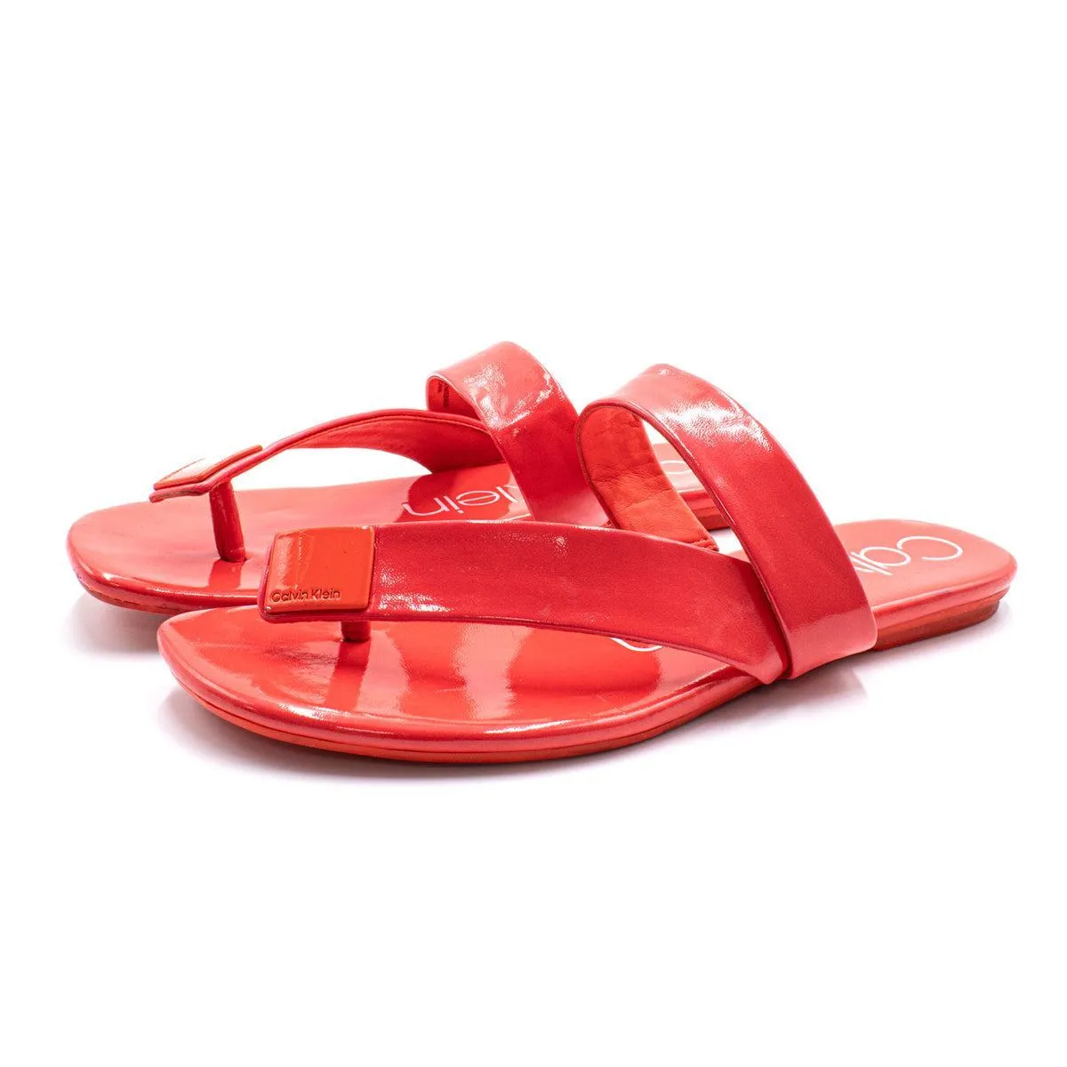 Calvin Klein Saurin Flat Sandals Leather Orange Colour For Women