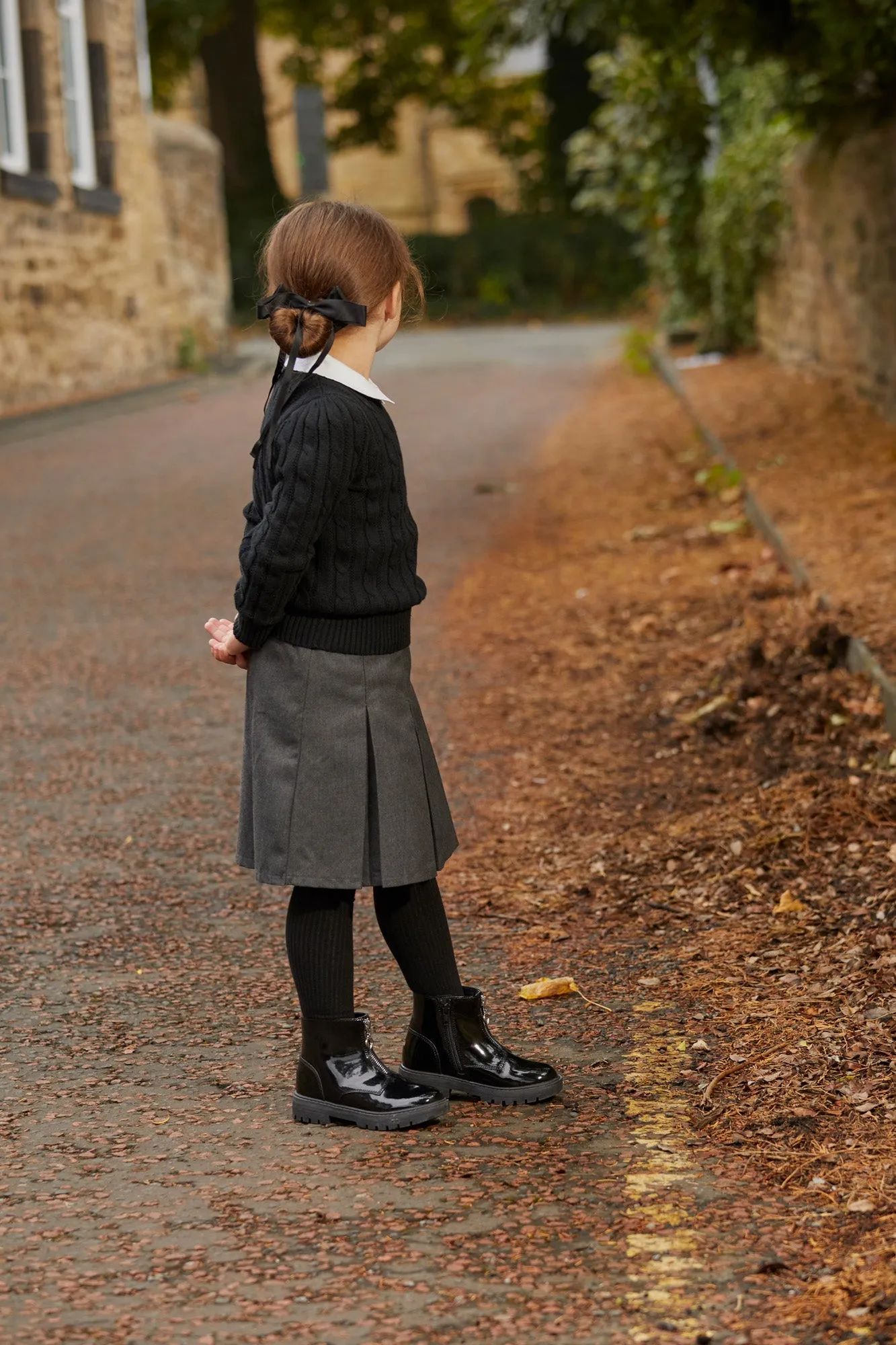 CARA - Girls' Black Patent Coated Leather Gusset Ankle Boots