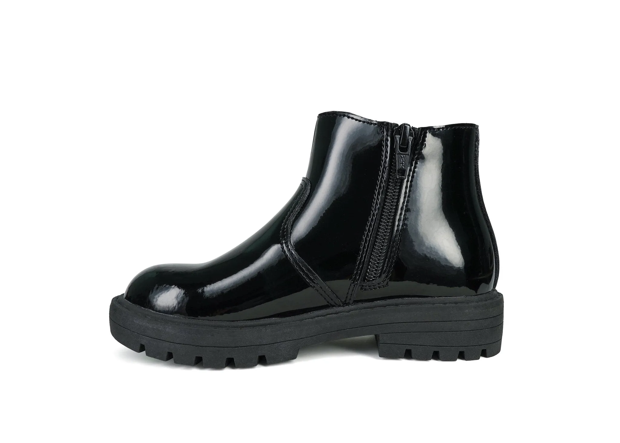 CARA - Girls' Black Patent Coated Leather Gusset Ankle Boots