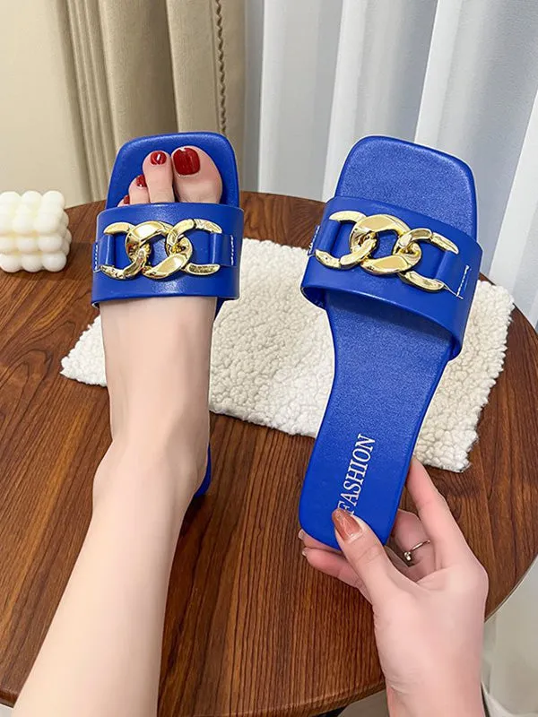 Chains Open Toe Split-Joint Square-Toe Slippers