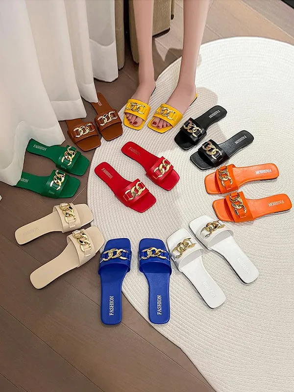 Chains Open Toe Split-Joint Square-Toe Slippers