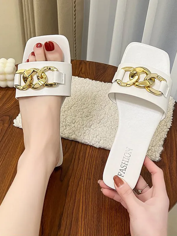 Chains Open Toe Split-Joint Square-Toe Slippers