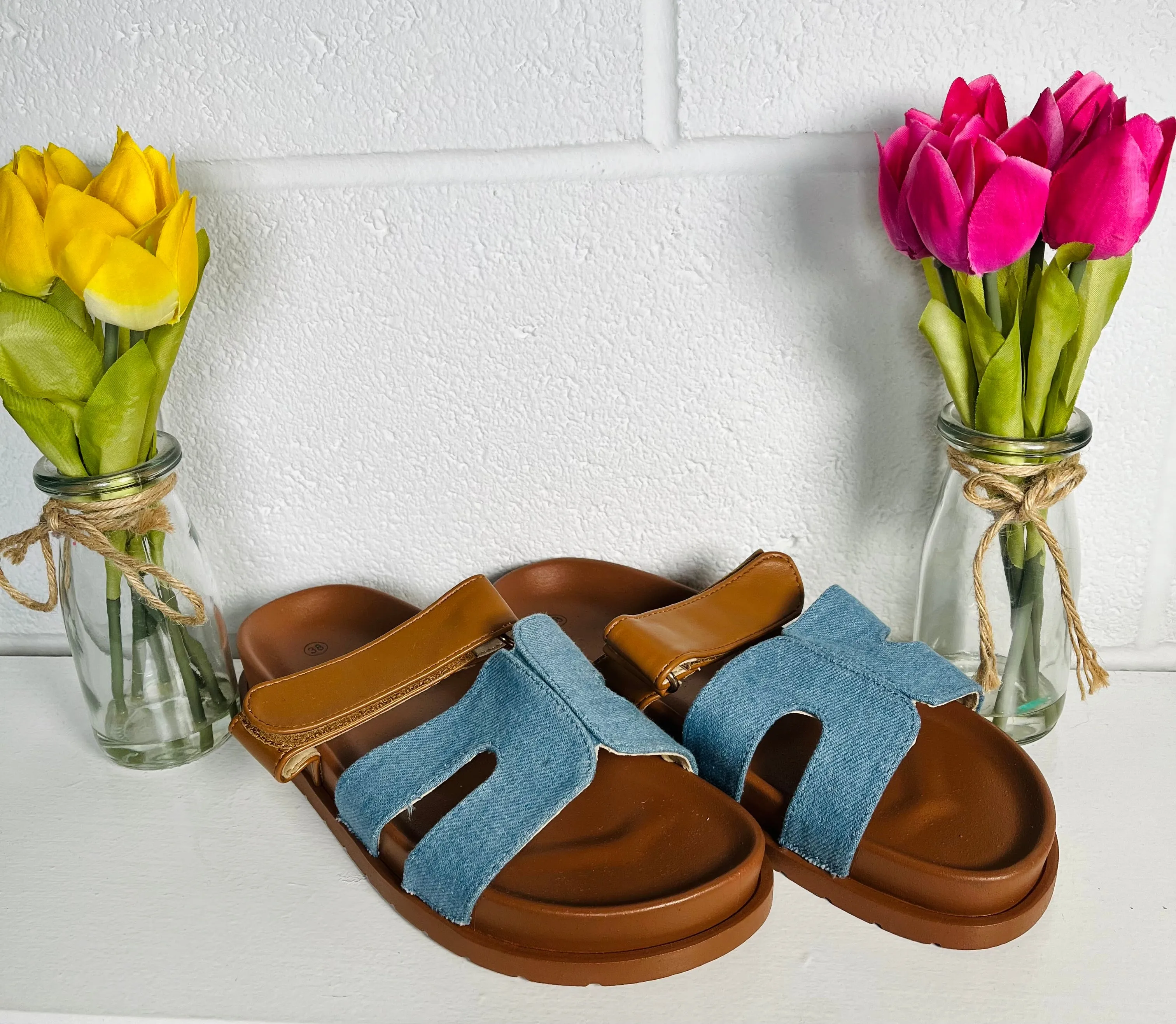 Colour Block Slip On Sandals - Tan