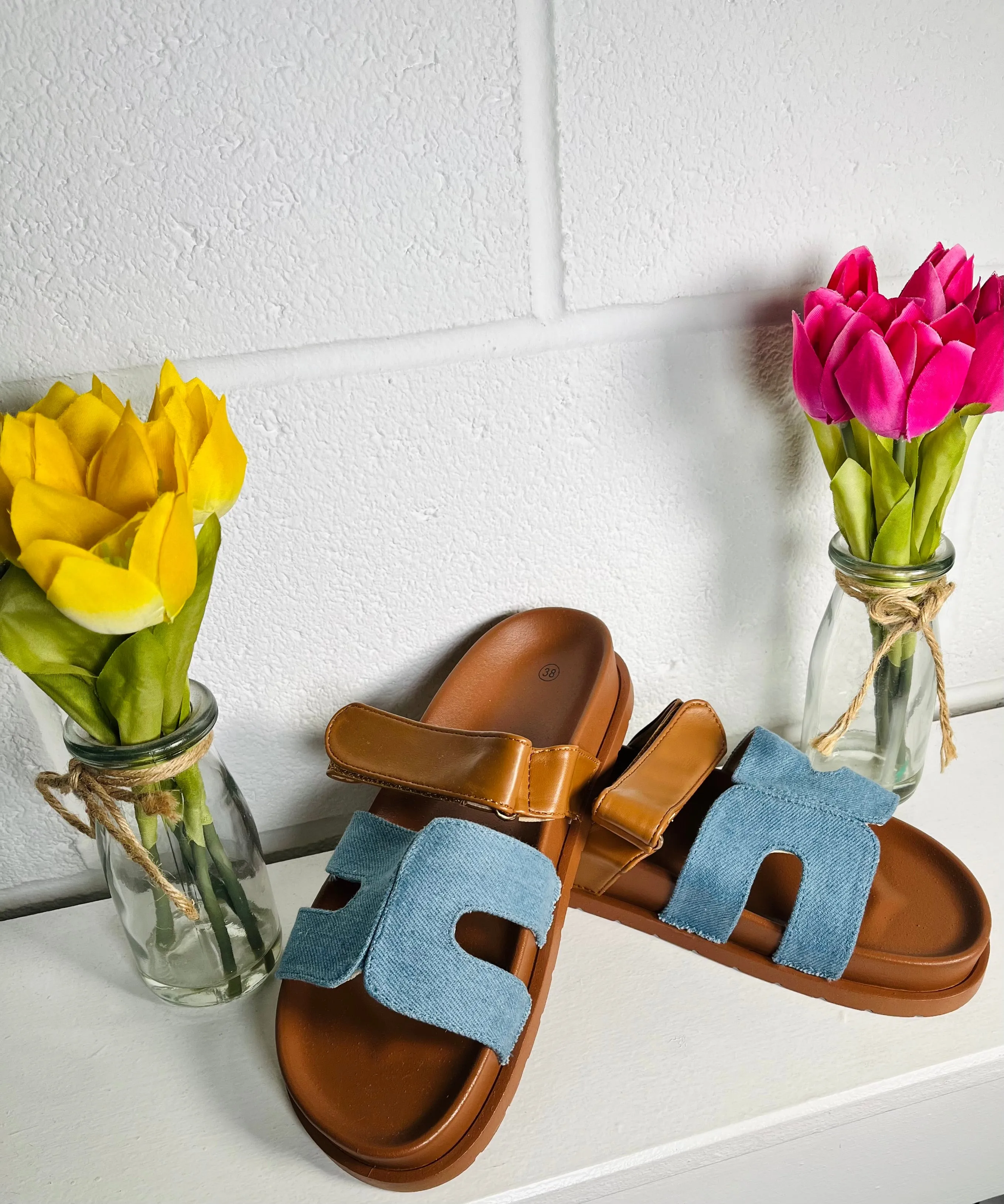 Colour Block Slip On Sandals - Tan