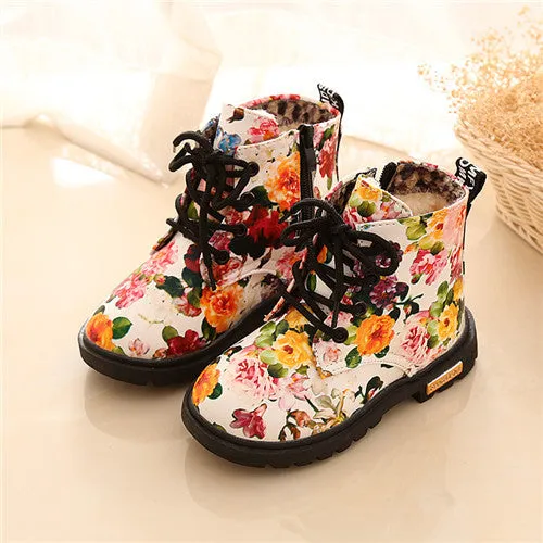 Comfy Kids Floral Martin Elegant Flower Print PU Leather Shoes Rubber Boots For Girls