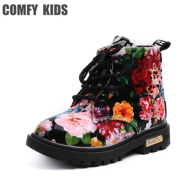 Comfy Kids Floral Martin Elegant Flower Print PU Leather Shoes Rubber Boots For Girls