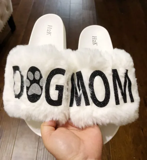 Dog Mom Slippers /Flexible Slip on Open Toe Style/Dog Mom Fur Furry Slide