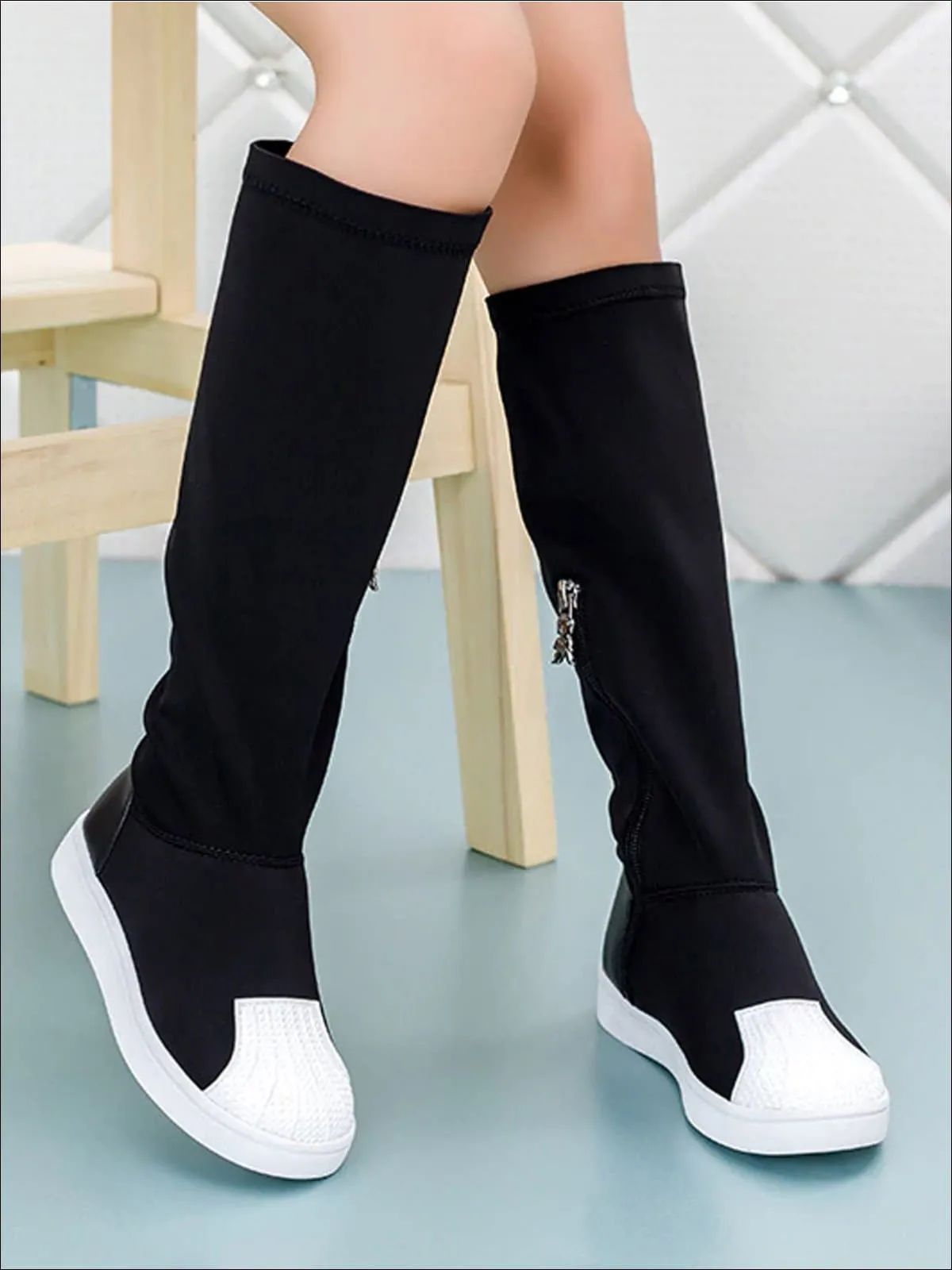 Girls Black And White Elastic Knee-High Boots By Liv and Mia