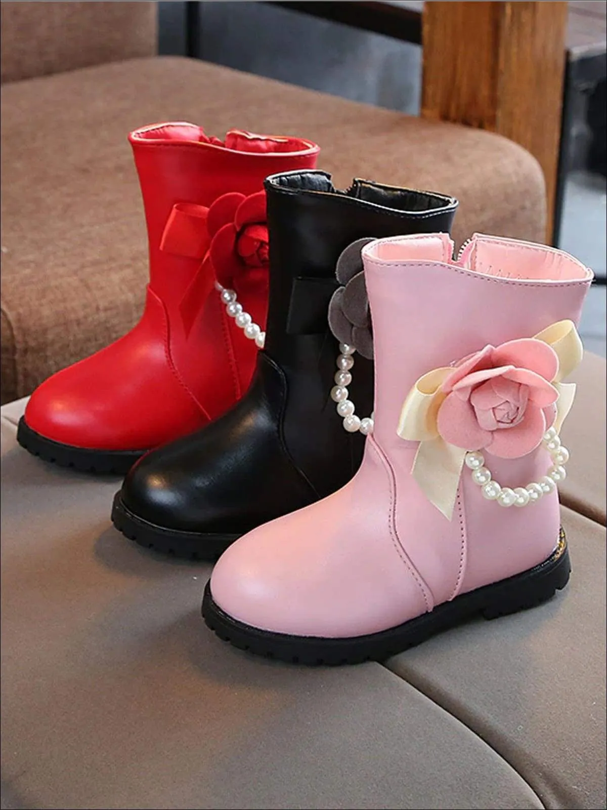 Girls Pearl Embellished Rose Applique Boots By Liv and Mia