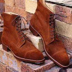 Handmade Brown Suede Cap Toe Lace Up Boot