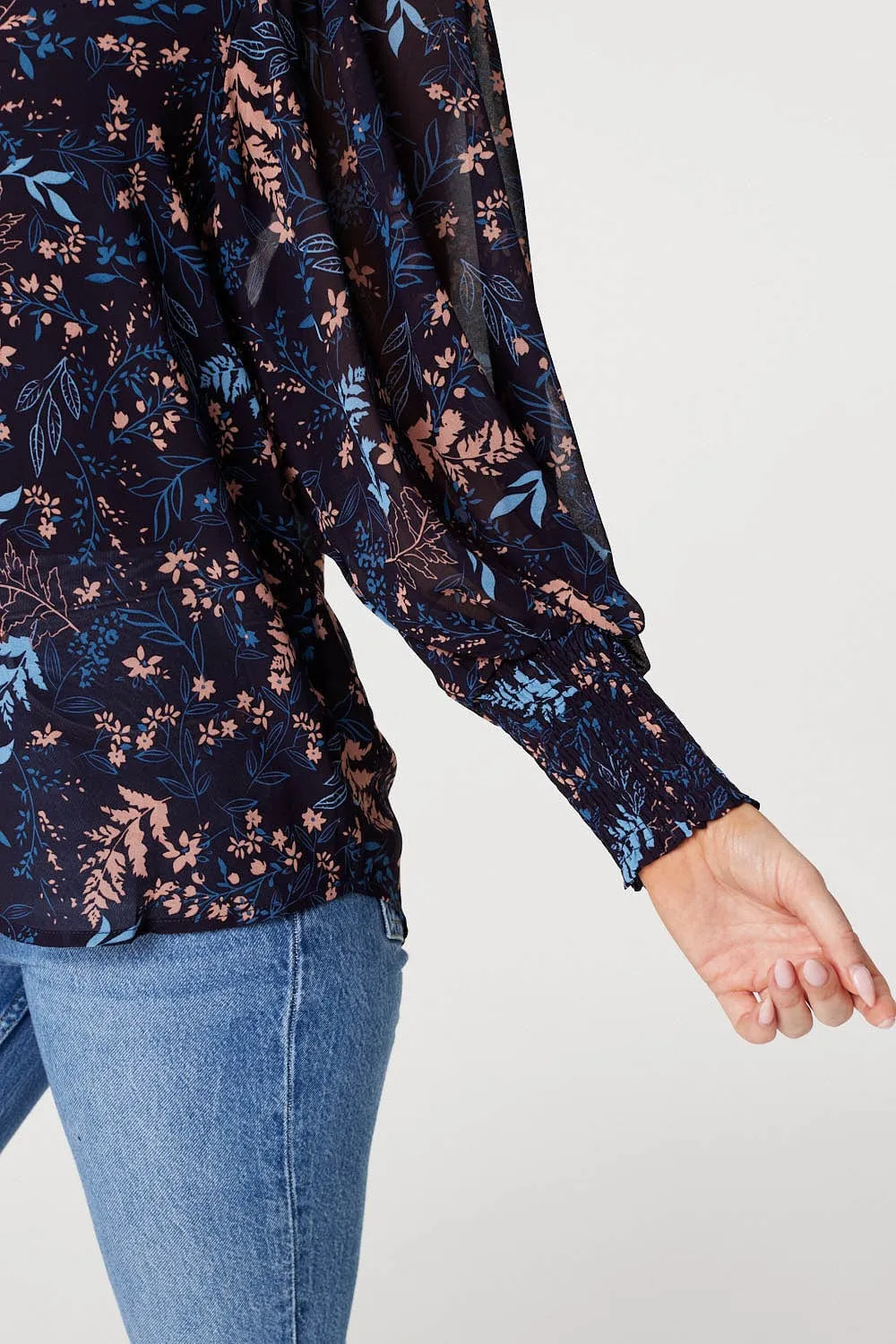 Leaf Print Semi Sheer Blouse