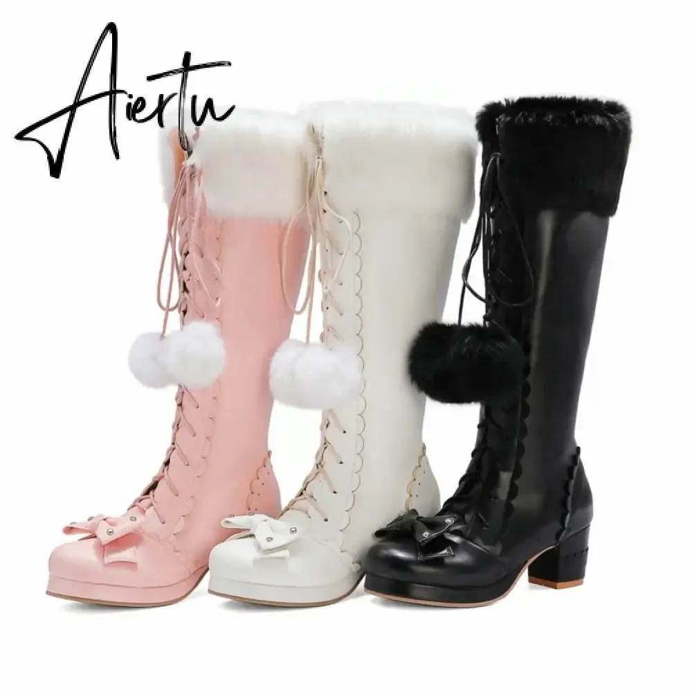 Lolita High Boots Winter Warm Fur Neck Girls Cosplay Party JK Princess Shoes Lace Up Bowtie Chunky Heel Side Zipper PU Leather