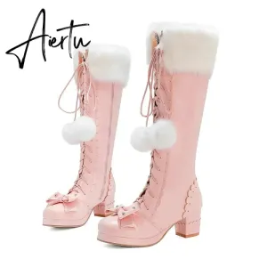 Lolita High Boots Winter Warm Fur Neck Girls Cosplay Party JK Princess Shoes Lace Up Bowtie Chunky Heel Side Zipper PU Leather