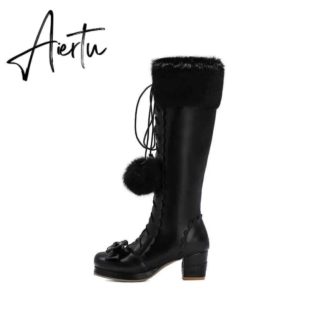 Lolita High Boots Winter Warm Fur Neck Girls Cosplay Party JK Princess Shoes Lace Up Bowtie Chunky Heel Side Zipper PU Leather