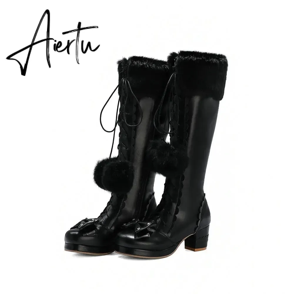 Lolita High Boots Winter Warm Fur Neck Girls Cosplay Party JK Princess Shoes Lace Up Bowtie Chunky Heel Side Zipper PU Leather