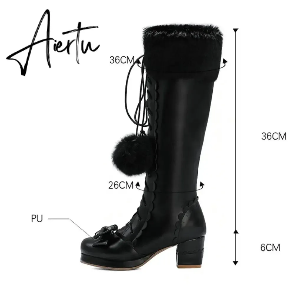 Lolita High Boots Winter Warm Fur Neck Girls Cosplay Party JK Princess Shoes Lace Up Bowtie Chunky Heel Side Zipper PU Leather