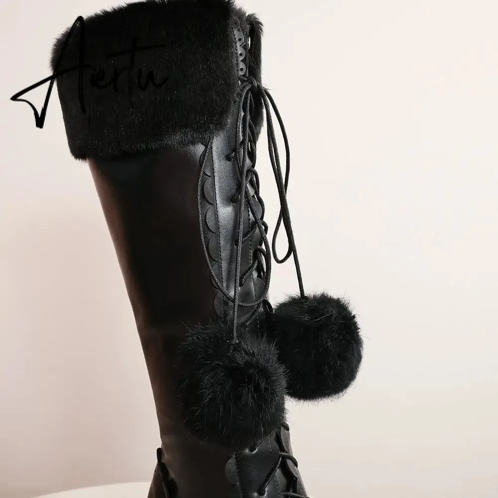 Lolita High Boots Winter Warm Fur Neck Girls Cosplay Party JK Princess Shoes Lace Up Bowtie Chunky Heel Side Zipper PU Leather