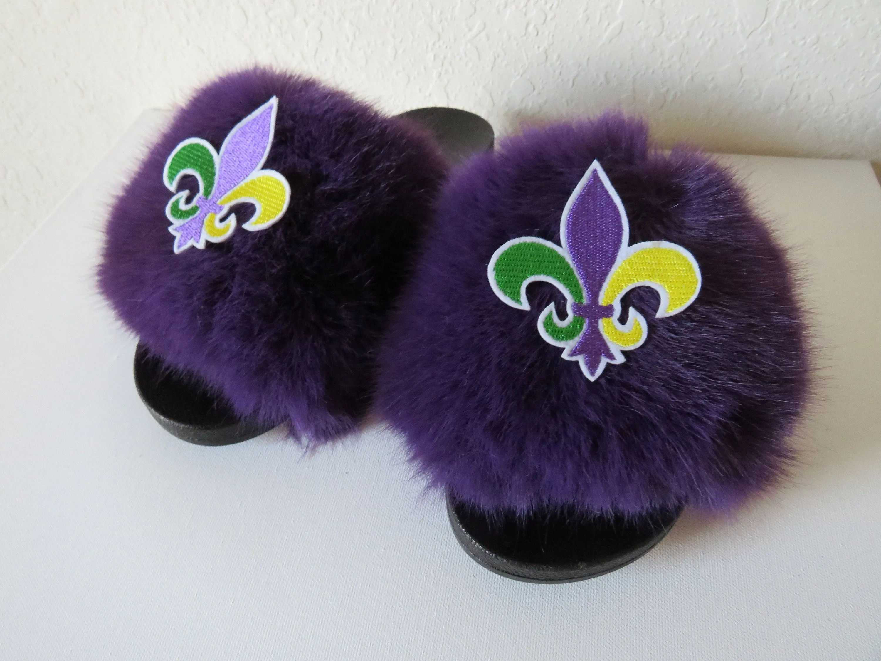 Mardigras  slippers /Flexible slip on open toe style/mardi gras fur furry slide