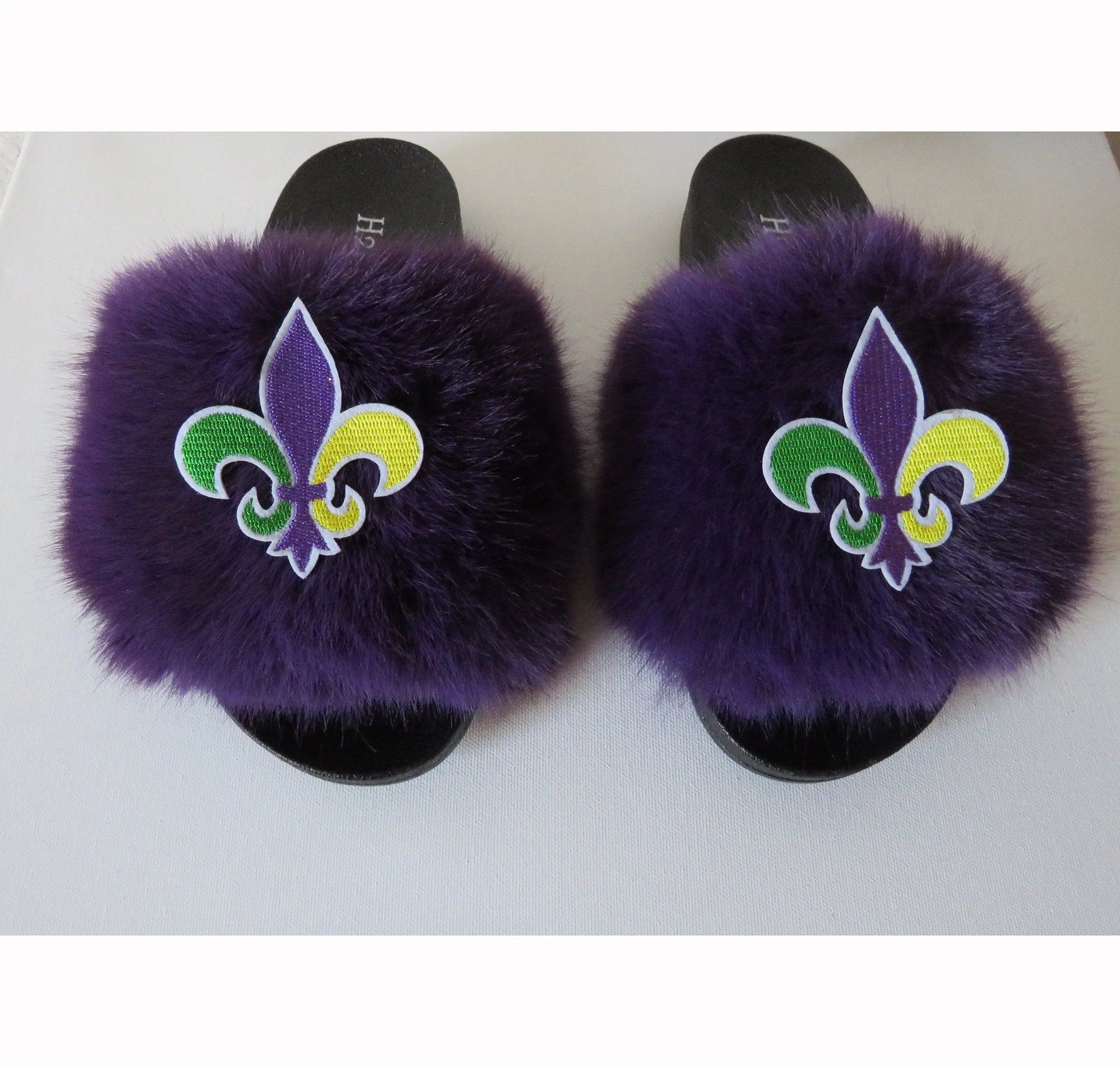 Mardigras  slippers /Flexible slip on open toe style/mardi gras fur furry slide