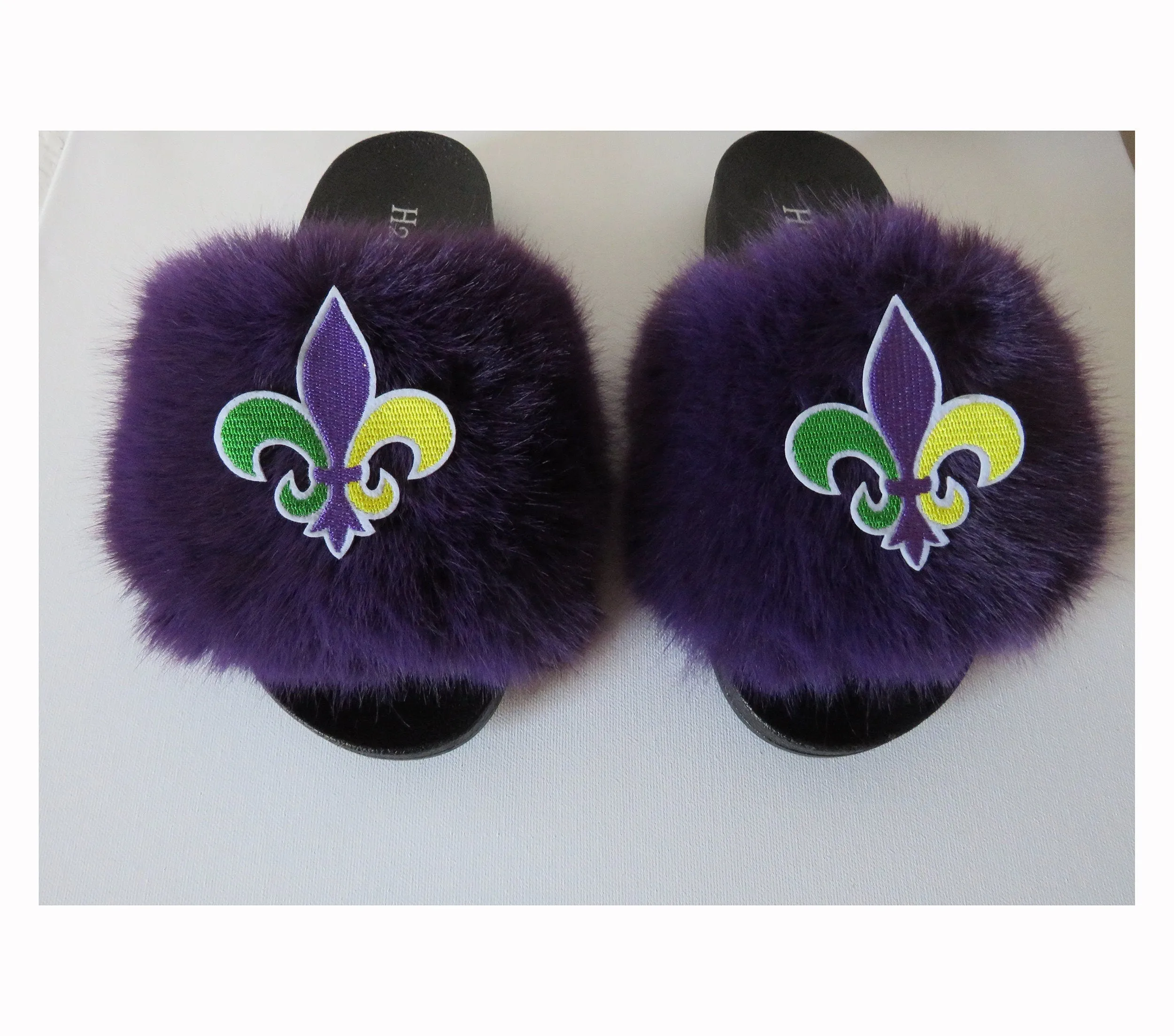 Mardigras  slippers /Flexible slip on open toe style/mardi gras fur furry slide