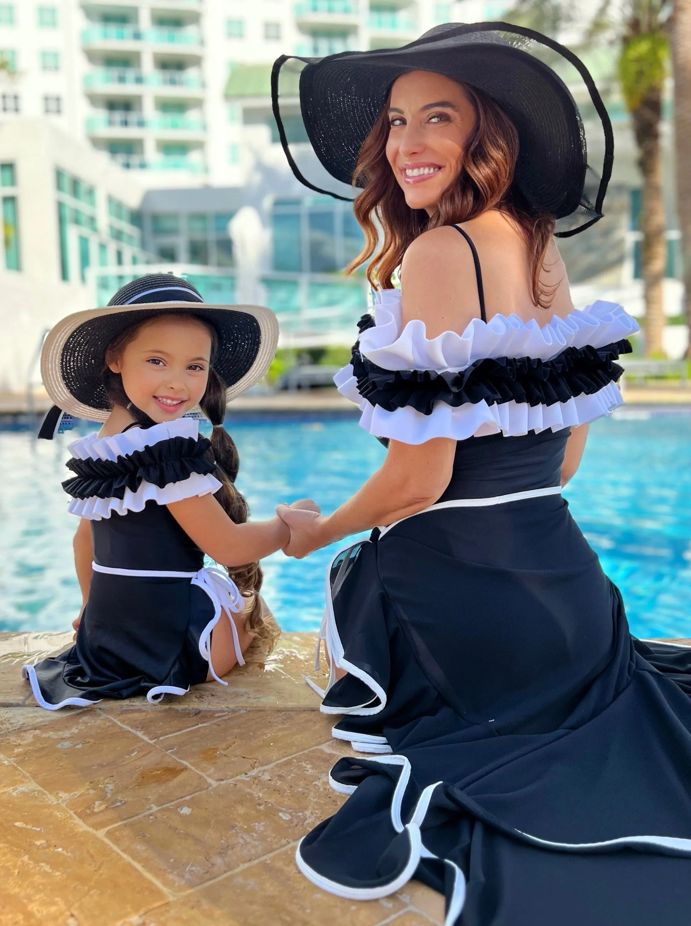 Mommy and Me Black Ruffle Shoulder One Piece Swimsuit