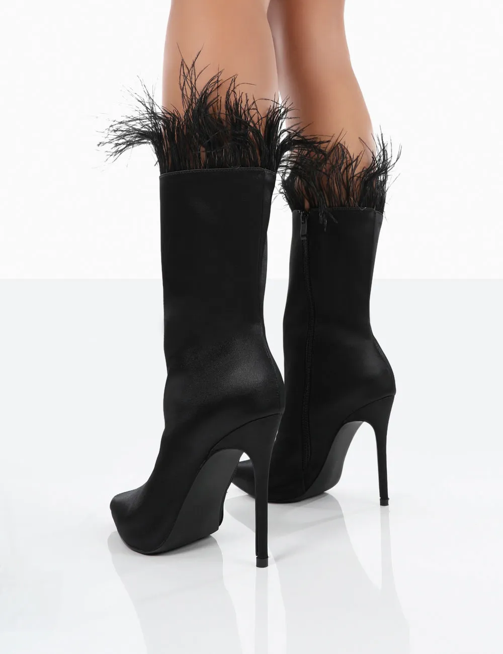 Out Out Black Satin Pointed Toe Faux Feather Ankle Boots