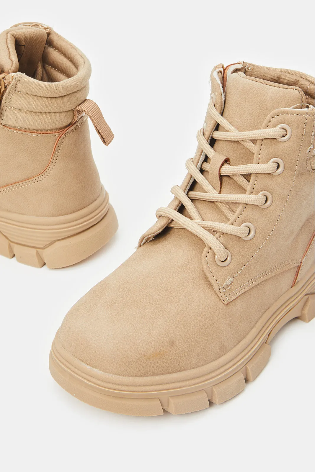 Senior Girls Beige Lace-Up Ankle Boots