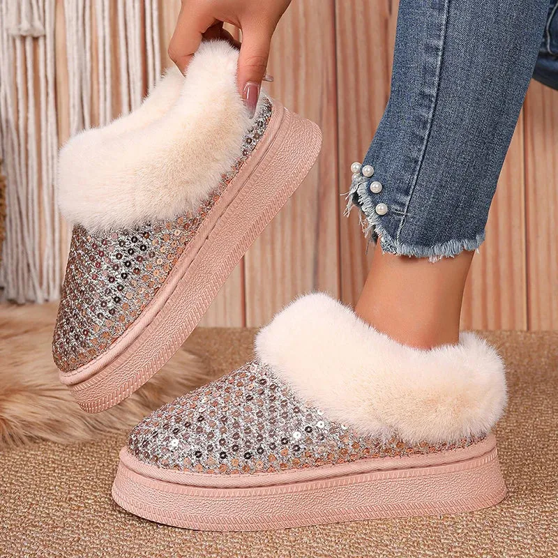 Sohiwoo Sequins Decor Platform Snow Boots Women Fashion Keep Warm Faux Fur Winter Boots Woman Shiny Fuffly Furry Ankle Boots Ladies 42