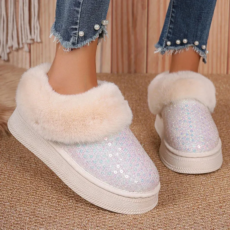 Sohiwoo Sequins Decor Platform Snow Boots Women Fashion Keep Warm Faux Fur Winter Boots Woman Shiny Fuffly Furry Ankle Boots Ladies 42