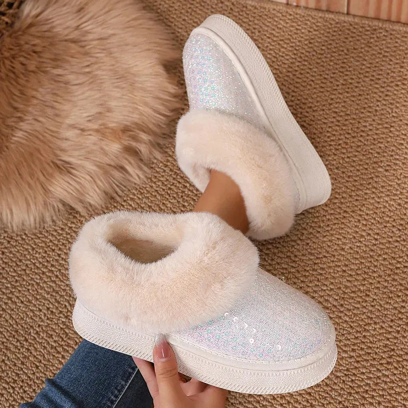 Sohiwoo Sequins Decor Platform Snow Boots Women Fashion Keep Warm Faux Fur Winter Boots Woman Shiny Fuffly Furry Ankle Boots Ladies 42