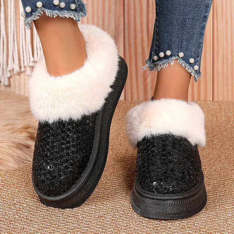 Sohiwoo Sequins Decor Platform Snow Boots Women Fashion Keep Warm Faux Fur Winter Boots Woman Shiny Fuffly Furry Ankle Boots Ladies 42