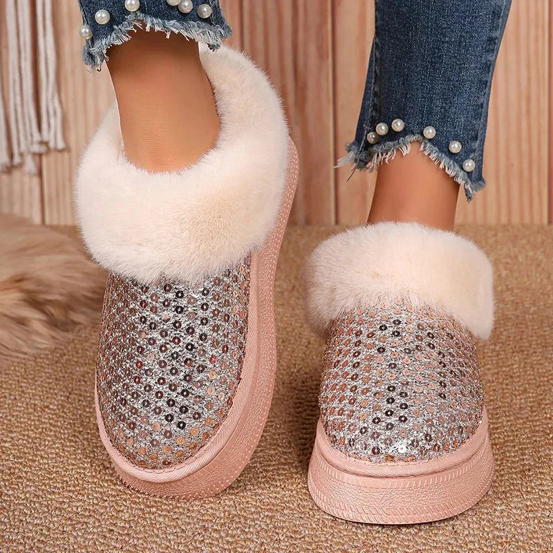 Sohiwoo Sequins Decor Platform Snow Boots Women Fashion Keep Warm Faux Fur Winter Boots Woman Shiny Fuffly Furry Ankle Boots Ladies 42