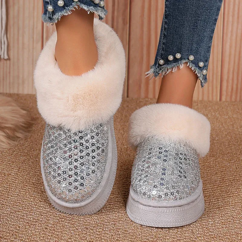 Sohiwoo Sequins Decor Platform Snow Boots Women Fashion Keep Warm Faux Fur Winter Boots Woman Shiny Fuffly Furry Ankle Boots Ladies 42