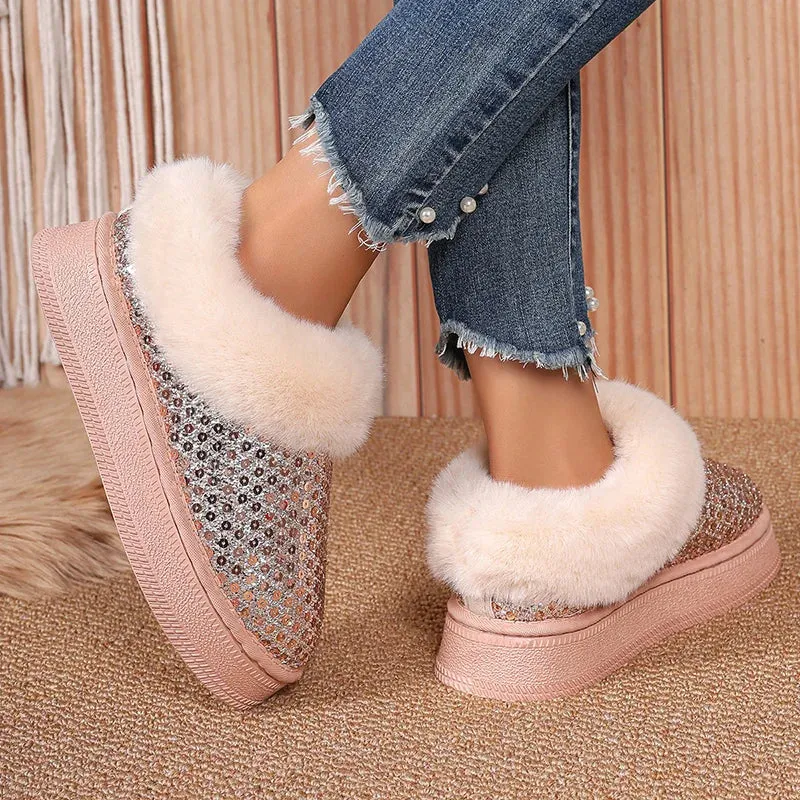 Sohiwoo Sequins Decor Platform Snow Boots Women Fashion Keep Warm Faux Fur Winter Boots Woman Shiny Fuffly Furry Ankle Boots Ladies 42