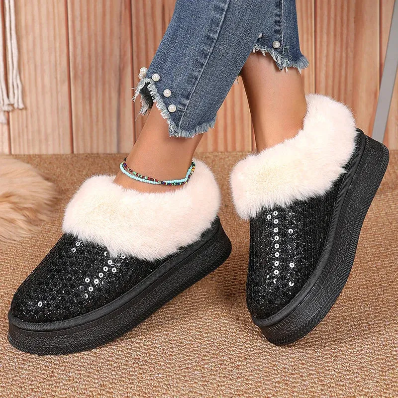 Sohiwoo Sequins Decor Platform Snow Boots Women Fashion Keep Warm Faux Fur Winter Boots Woman Shiny Fuffly Furry Ankle Boots Ladies 42