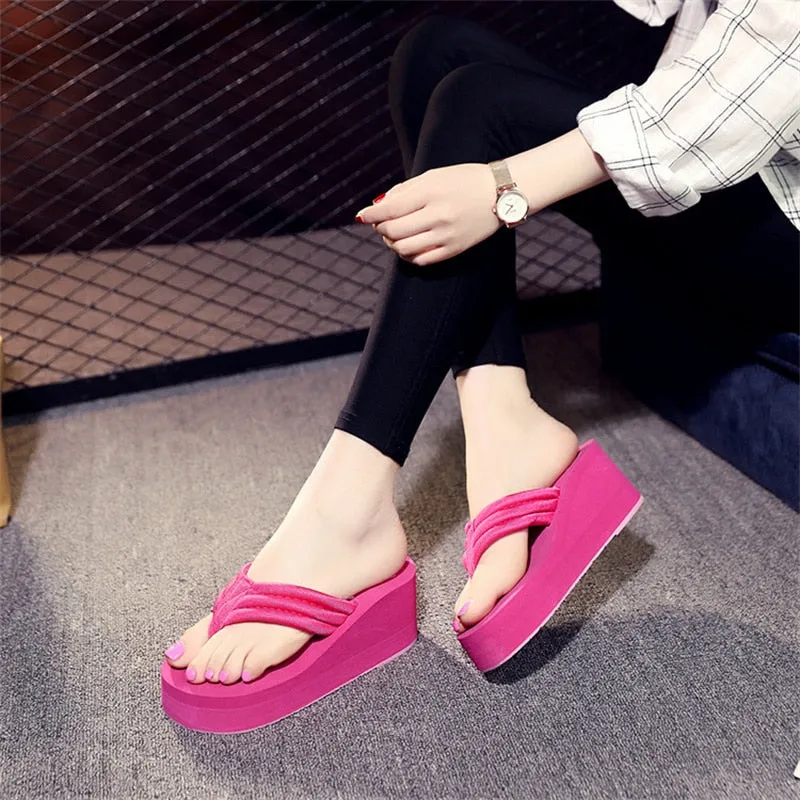 Women Beach Flip Flops Summer Super High Shoes Woman Slip On Wedges Sandals Bling Style Female Fashion Slides Slippers SH041101